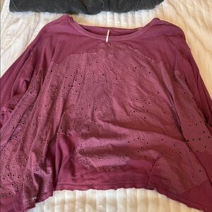Free People Eyelet Pullover Sweatshirt in Wine
